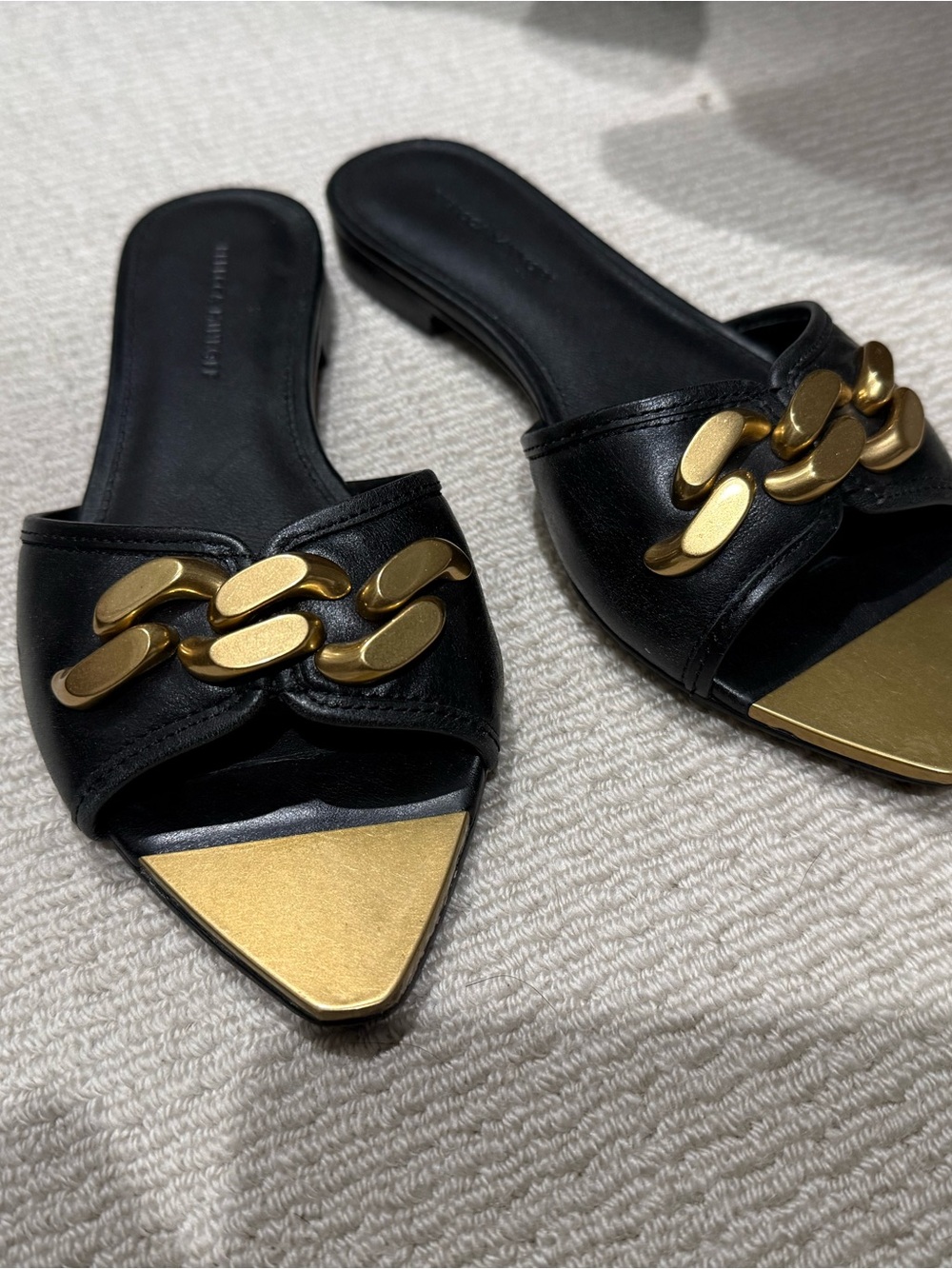 Rebecca Minkoff Black Slide Flats with Gold Chain Detail